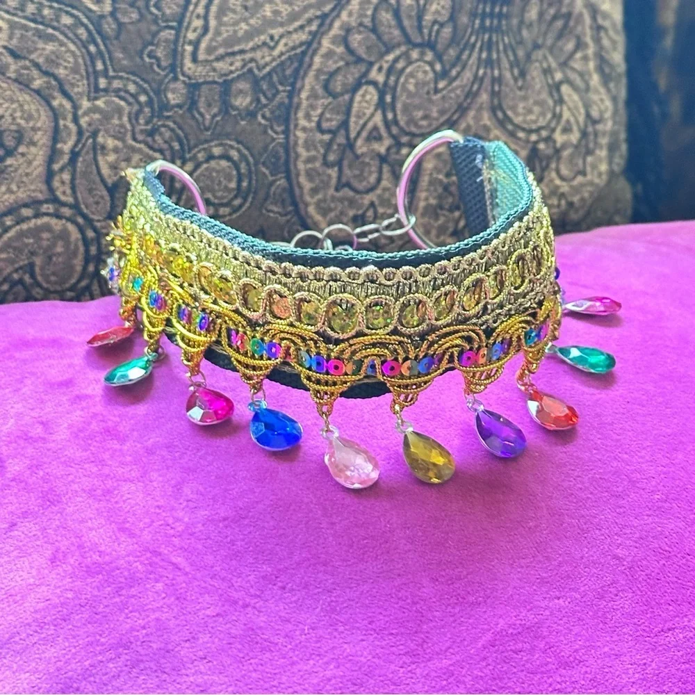 Artisan Gold Choker Multicolor Acrylic Dangle Gem Moroccan Style Handmade Signed